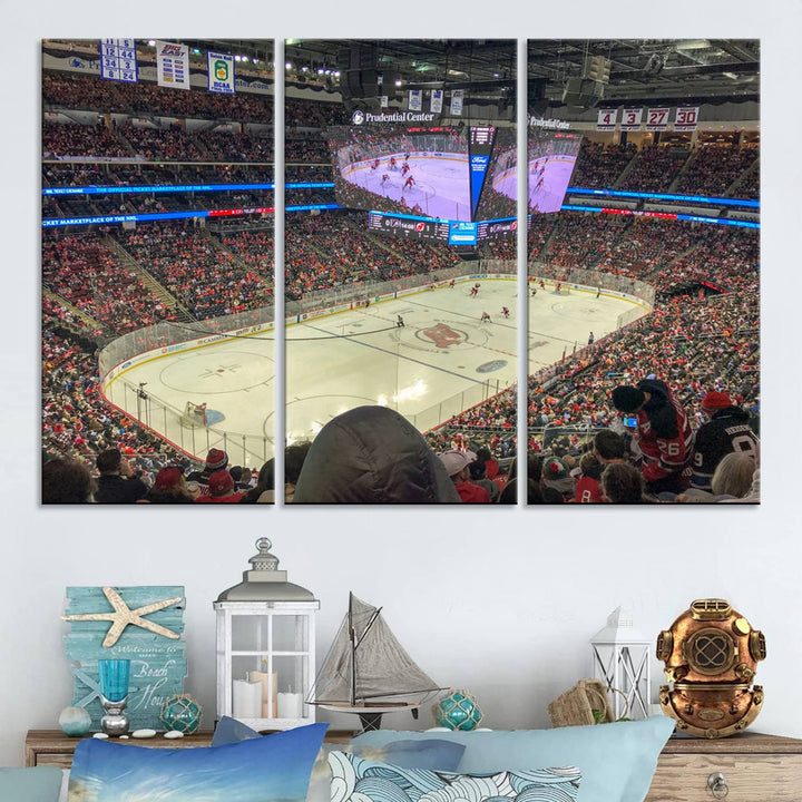 A living room showcases the Prudential Center Newark New Jersey Devils Hockey Stadium Wall Art Canvas Print, a large three-panel artwork depicting a packed hockey arena on museum-quality canvas.