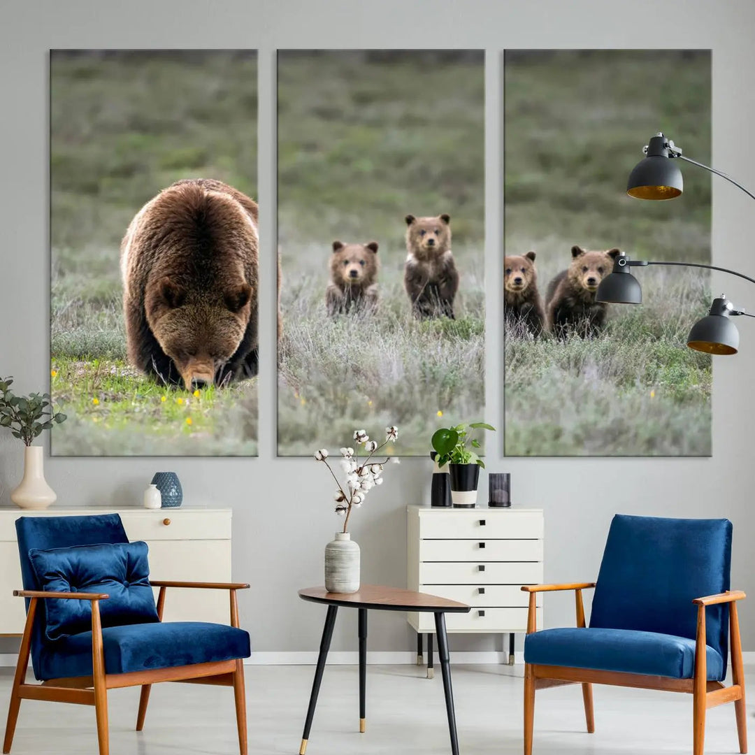 The kitchen features the Queen of the Tetons grizzly bear cubs canvas wall art print.