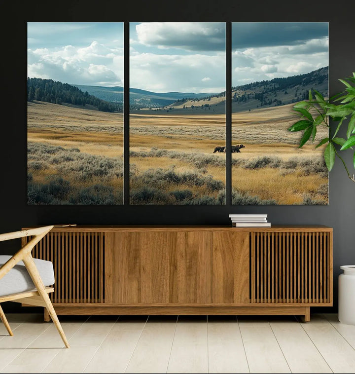 The Queen of the Tetons canvas showcases Grizzly 399 cubs as gallery-quality wall art, perfect for rustic dining decor.