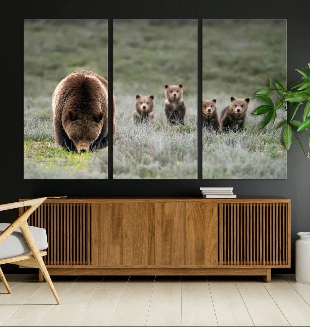 The kitchen features the Queen of the Tetons grizzly bear cubs canvas wall art print.