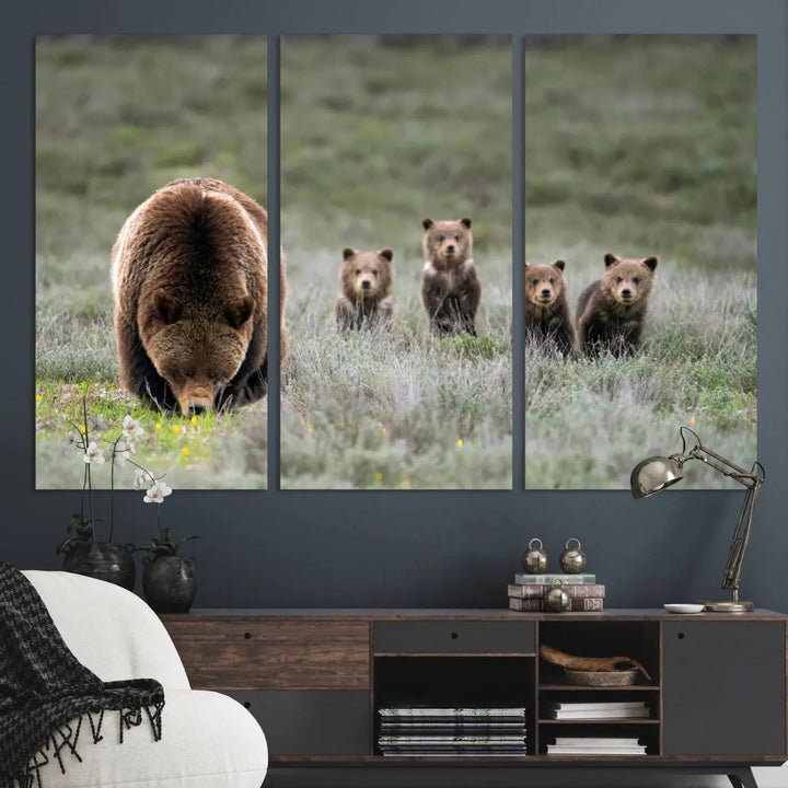 The kitchen features the Queen of the Tetons grizzly bear cubs canvas wall art print.