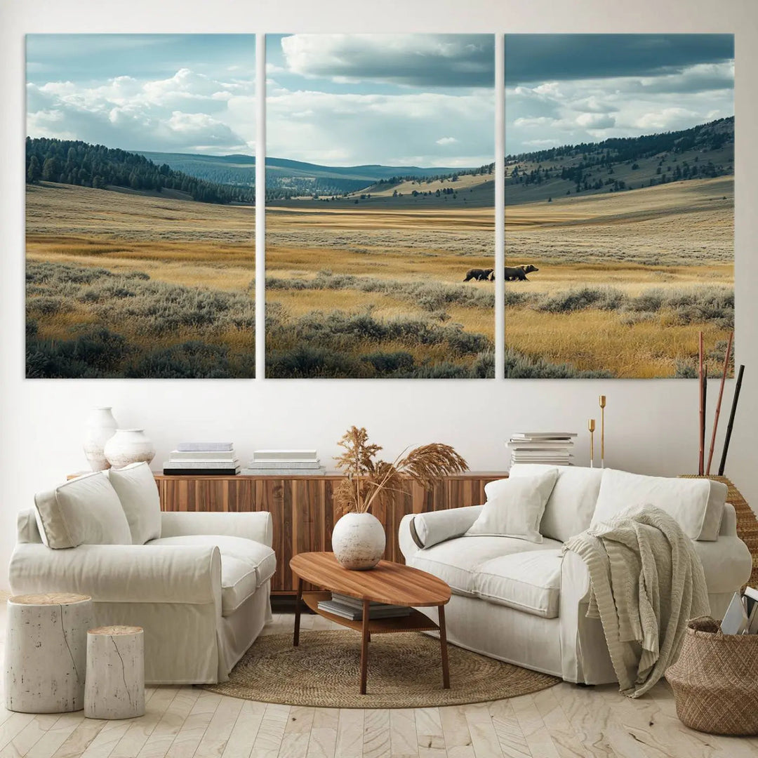 The Queen of the Tetons canvas showcases Grizzly 399 cubs as gallery-quality wall art, perfect for rustic dining decor.