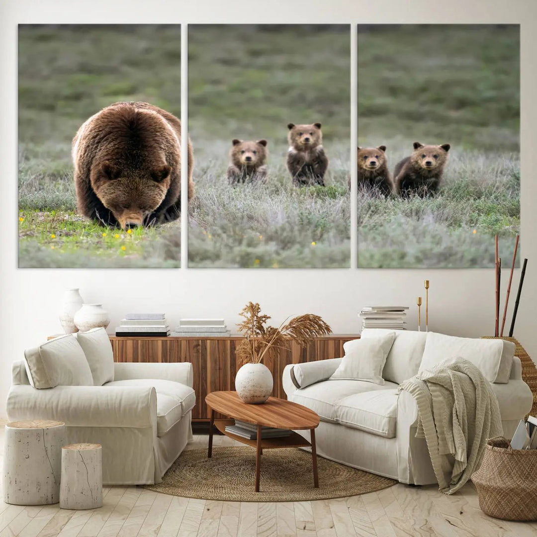 The kitchen features the Queen of the Tetons grizzly bear cubs canvas wall art print.