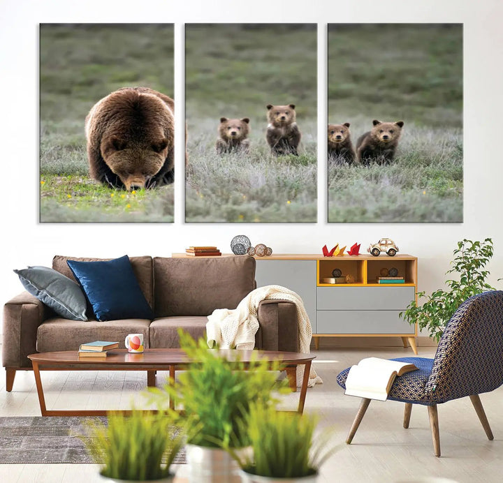 The kitchen features the Queen of the Tetons grizzly bear cubs canvas wall art print.