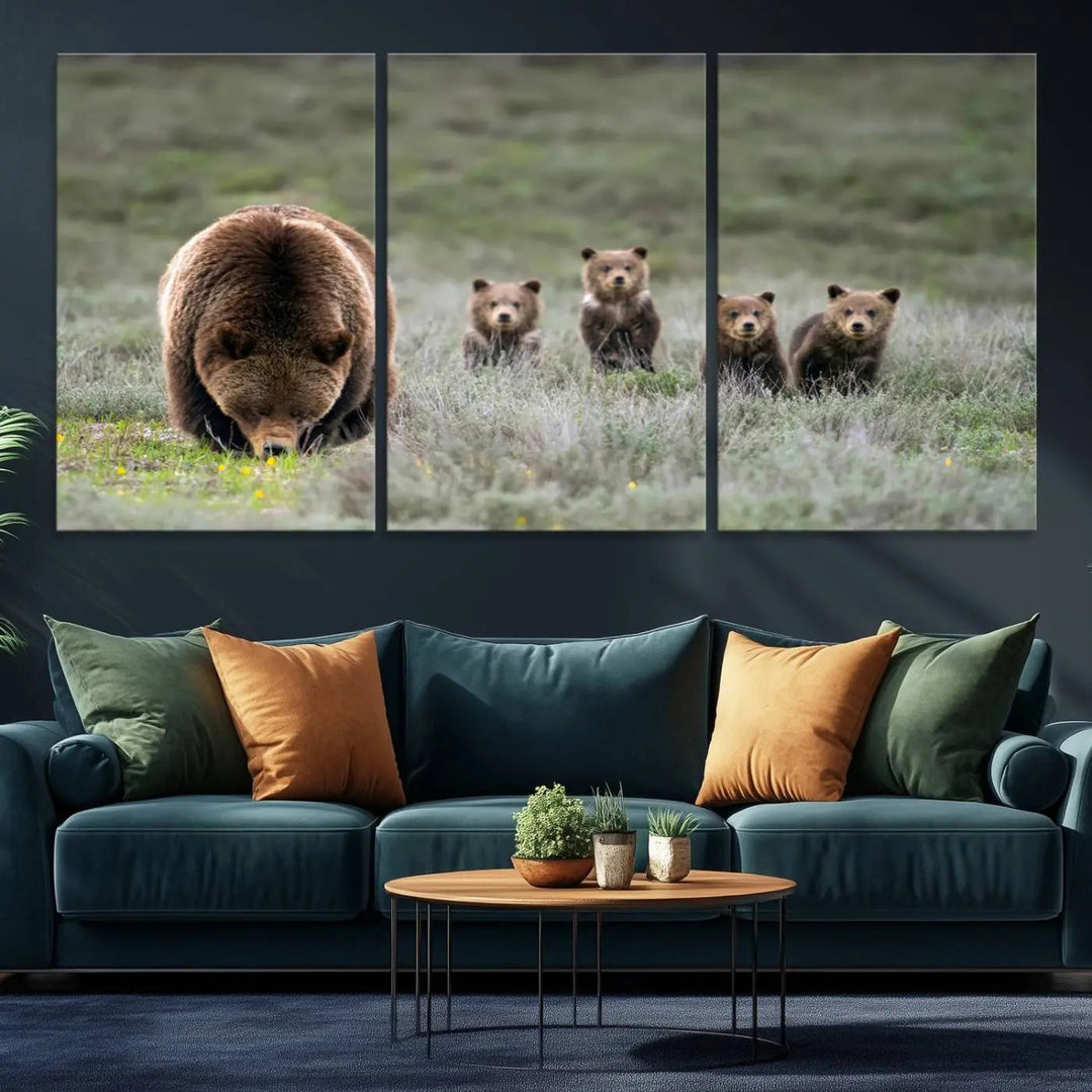 The kitchen features the Queen of the Tetons grizzly bear cubs canvas wall art print.