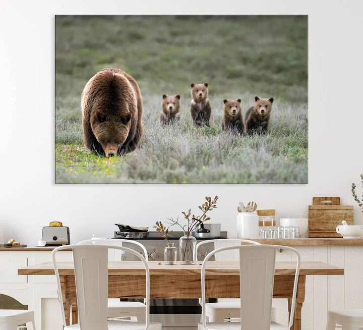 The kitchen features the Queen of the Tetons grizzly bear cubs canvas wall art print.