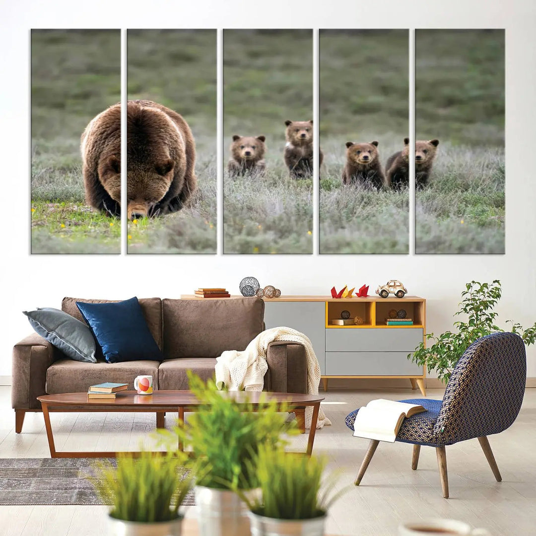 The kitchen features the Queen of the Tetons grizzly bear cubs canvas wall art print.