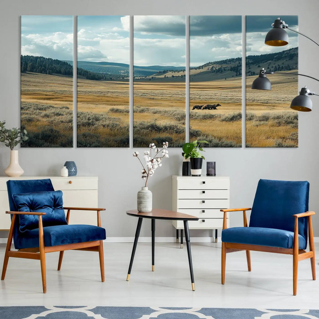 The Queen of the Tetons canvas showcases Grizzly 399 cubs as gallery-quality wall art, perfect for rustic dining decor.