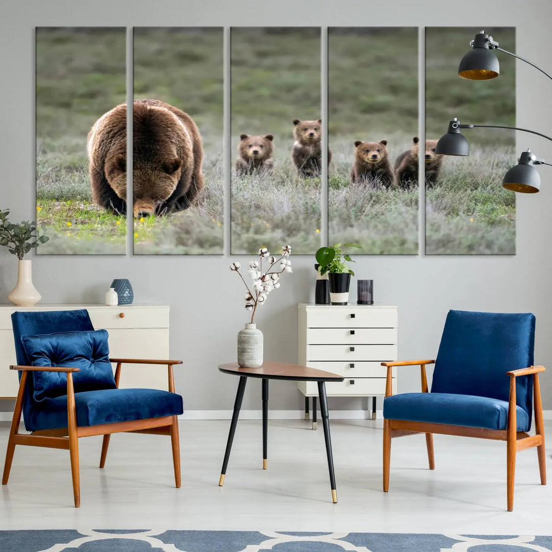 The kitchen features the Queen of the Tetons grizzly bear cubs canvas wall art print.