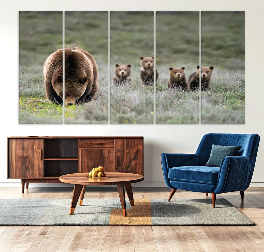 The kitchen features the Queen of the Tetons grizzly bear cubs canvas wall art print.