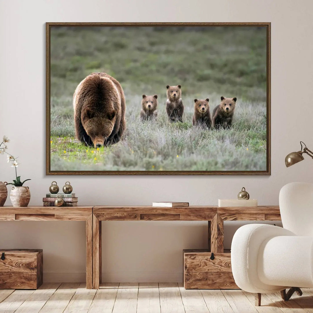 The kitchen features the Queen of the Tetons grizzly bear cubs canvas wall art print.