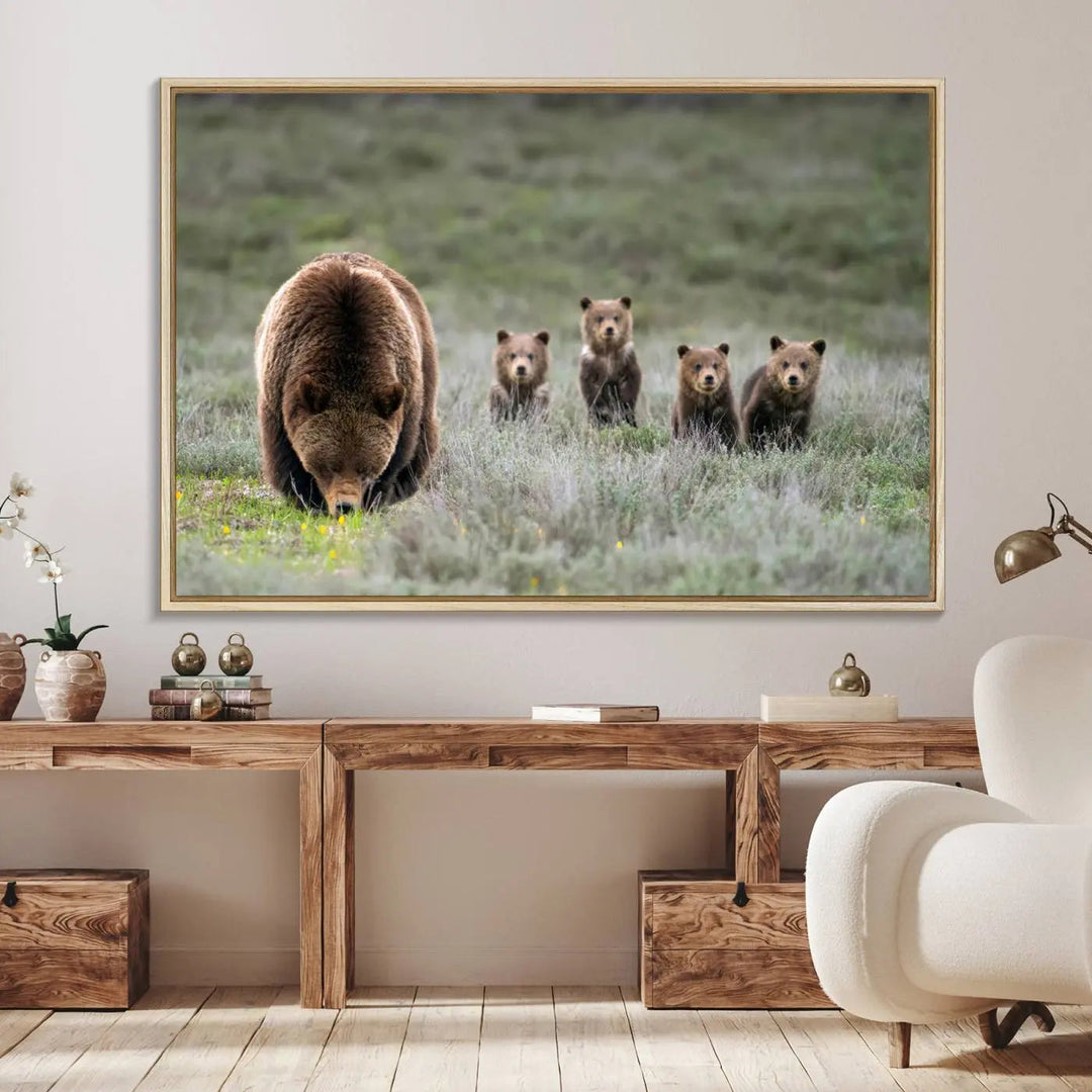 The kitchen features the Queen of the Tetons grizzly bear cubs canvas wall art print.