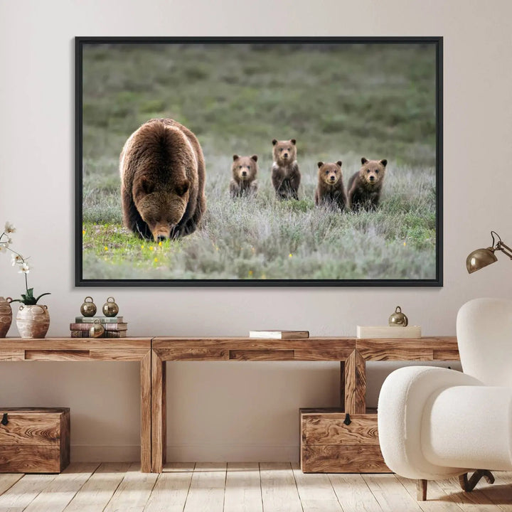 The kitchen features the Queen of the Tetons grizzly bear cubs canvas wall art print.