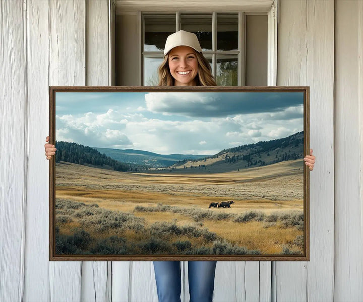 The Queen of the Tetons canvas showcases Grizzly 399 cubs as gallery-quality wall art, perfect for rustic dining decor.