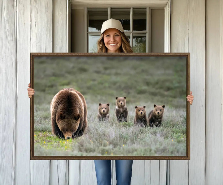 The kitchen features the Queen of the Tetons grizzly bear cubs canvas wall art print.