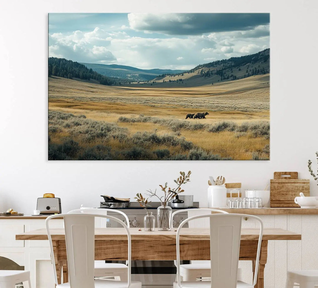 The Queen of the Tetons canvas showcases Grizzly 399 cubs as gallery-quality wall art, perfect for rustic dining decor.