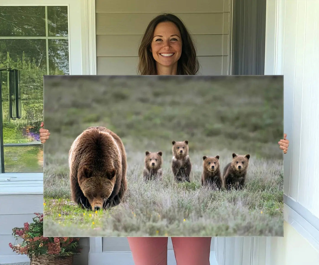 The kitchen features the Queen of the Tetons grizzly bear cubs canvas wall art print.