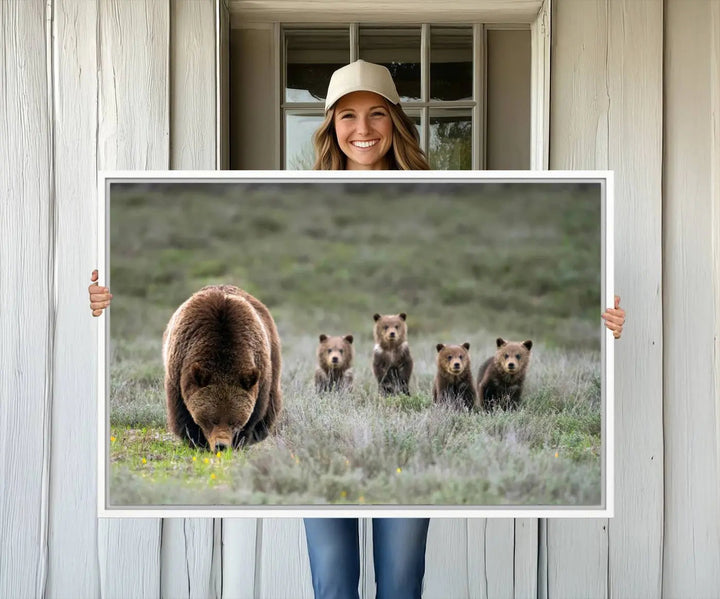 The kitchen features the Queen of the Tetons grizzly bear cubs canvas wall art print.