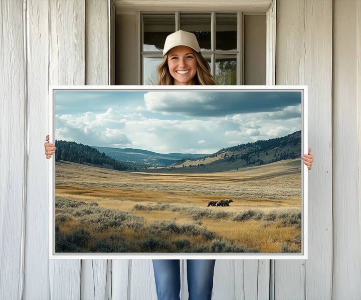 The Queen of the Tetons canvas showcases Grizzly 399 cubs as gallery-quality wall art, perfect for rustic dining decor.