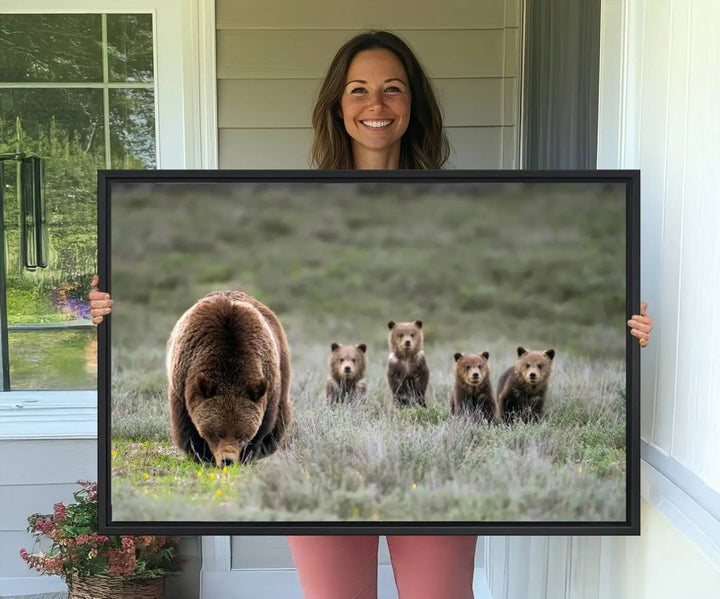 The kitchen features the Queen of the Tetons grizzly bear cubs canvas wall art print.