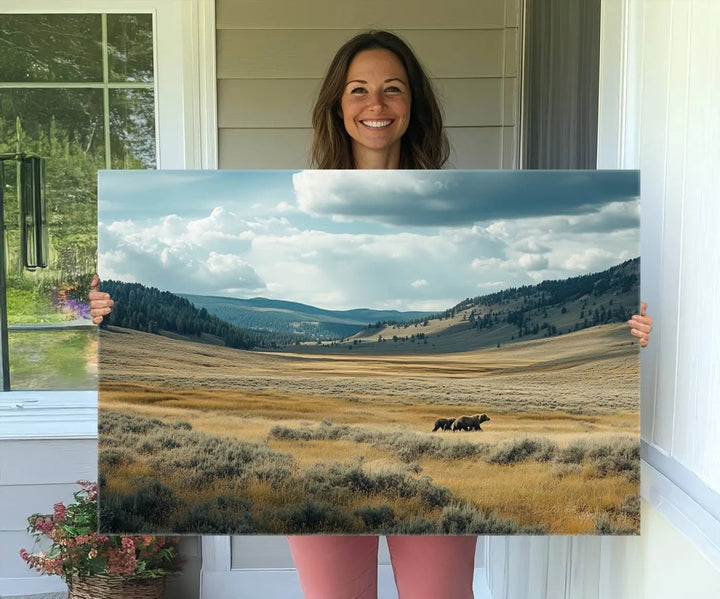 The Queen of the Tetons canvas showcases Grizzly 399 cubs as gallery-quality wall art, perfect for rustic dining decor.