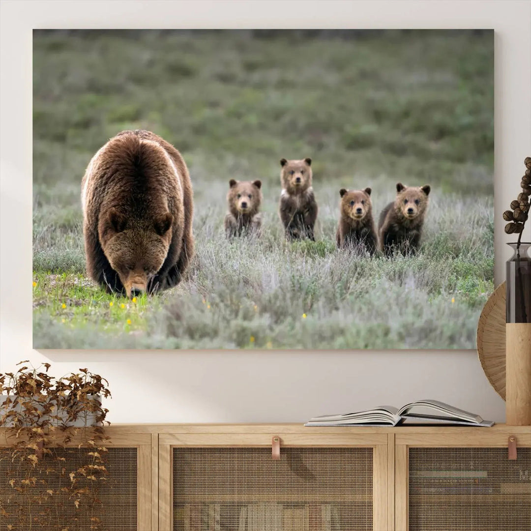 The kitchen features the Queen of the Tetons grizzly bear cubs canvas wall art print.