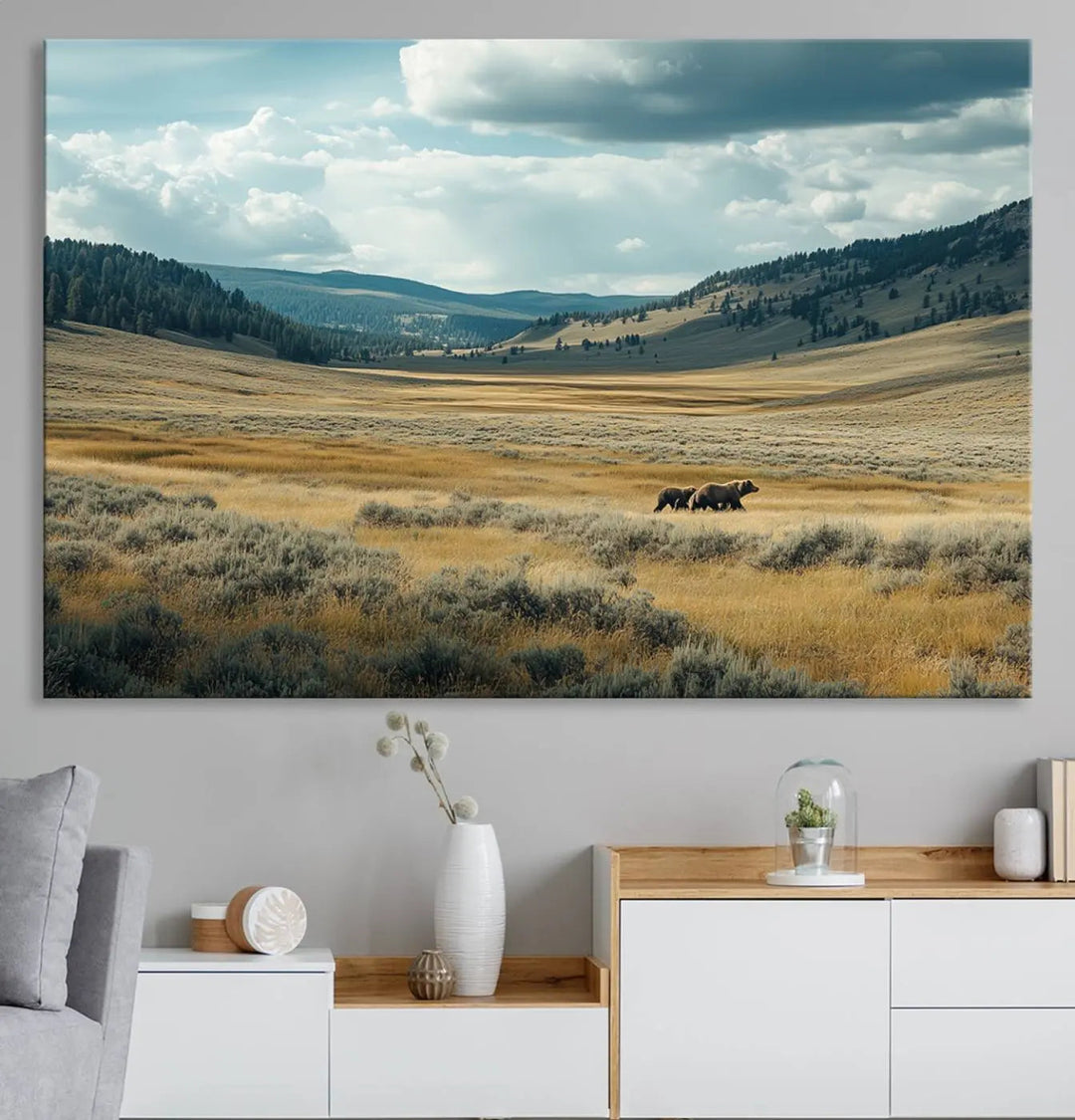 The Queen of the Tetons canvas showcases Grizzly 399 cubs as gallery-quality wall art, perfect for rustic dining decor.