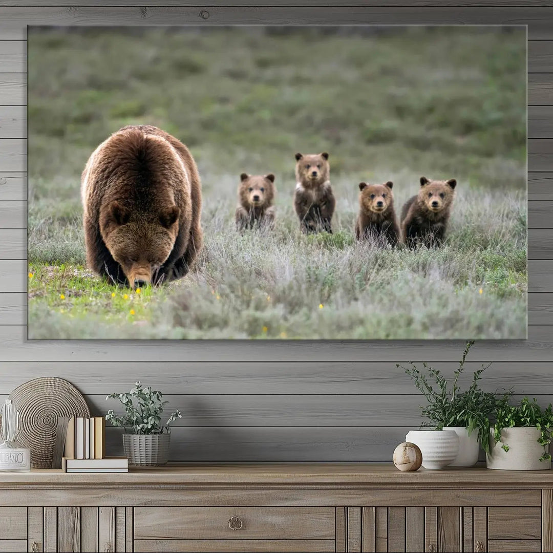 The kitchen features the Queen of the Tetons grizzly bear cubs canvas wall art print.