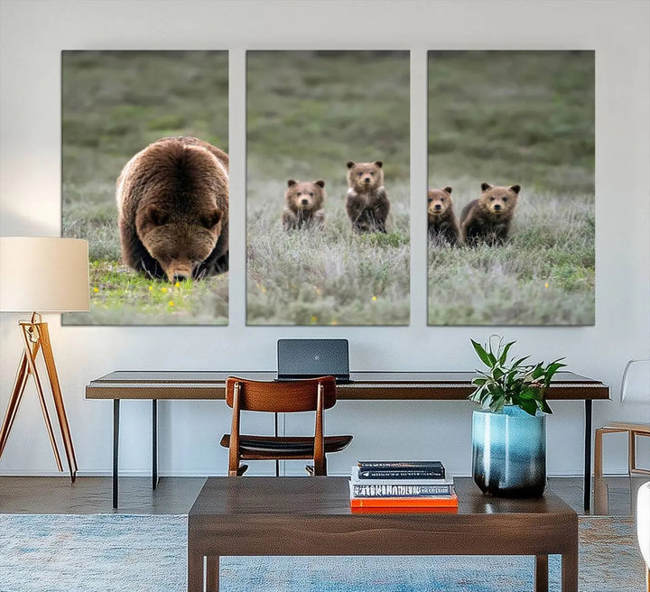 The kitchen features the Queen of the Tetons grizzly bear cubs canvas wall art print.