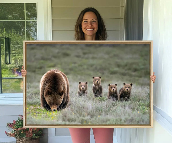 The kitchen features the Queen of the Tetons grizzly bear cubs canvas wall art print.