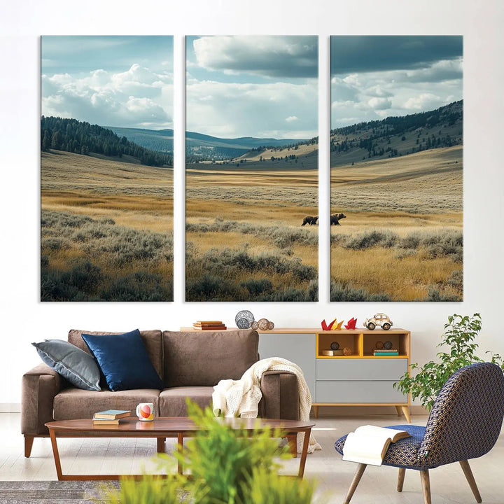 The Queen of the Tetons canvas showcases Grizzly 399 cubs as gallery-quality wall art, perfect for rustic dining decor.