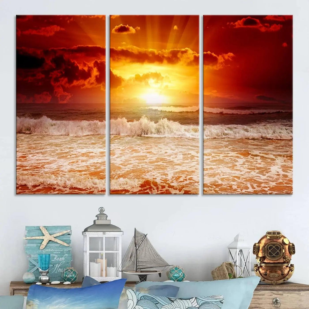 Red Sunset Ocean Beach Canvas Wall Art showcases a stunning three-panel masterpiece that captures a vivid beach sunset over ocean waves.