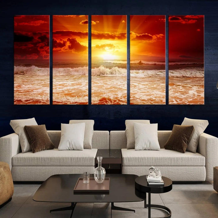 Red Sunset Ocean Beach Canvas Wall Art showcases a stunning three-panel masterpiece that captures a vivid beach sunset over ocean waves.