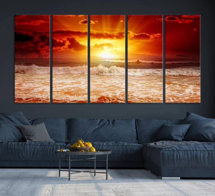 Red Sunset Ocean Beach Canvas Wall Art showcases a stunning three-panel masterpiece that captures a vivid beach sunset over ocean waves.