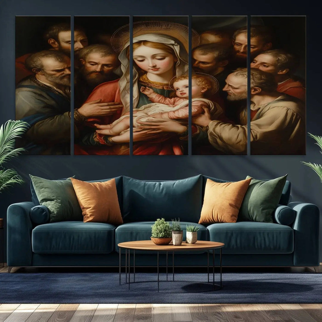 Displayed on a wall is the Religious Canvas Wall Art Print titled "Madonna and Child with Apostles," featuring classic Christian artwork reminiscent of traditional Madonna and Child imagery.