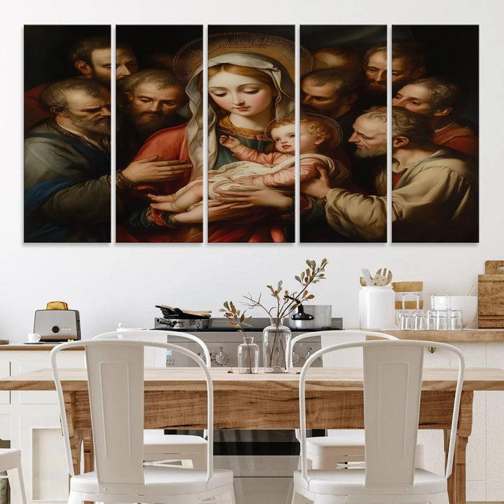 Displayed on a wall is the Religious Canvas Wall Art Print titled "Madonna and Child with Apostles," featuring classic Christian artwork reminiscent of traditional Madonna and Child imagery.