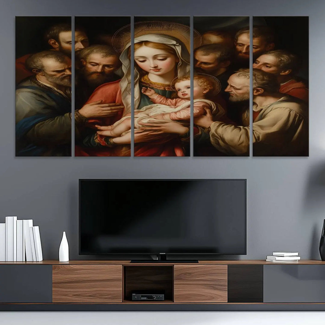 Displayed on a wall is the Religious Canvas Wall Art Print titled "Madonna and Child with Apostles," featuring classic Christian artwork reminiscent of traditional Madonna and Child imagery.