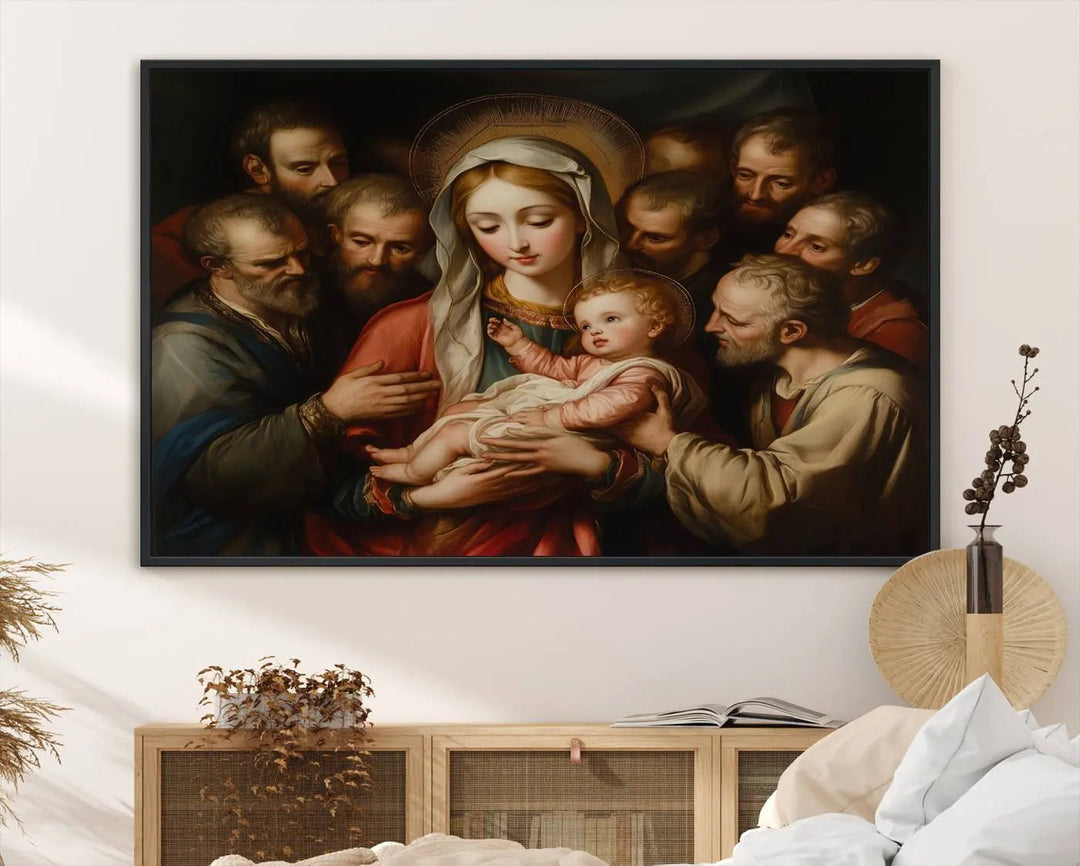 Displayed on a wall is the Religious Canvas Wall Art Print titled "Madonna and Child with Apostles," featuring classic Christian artwork reminiscent of traditional Madonna and Child imagery.