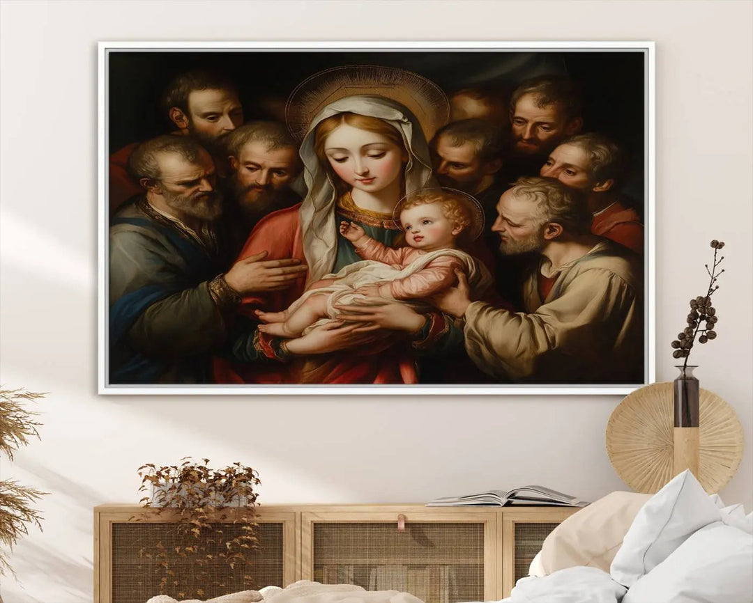 Displayed on a wall is the Religious Canvas Wall Art Print titled "Madonna and Child with Apostles," featuring classic Christian artwork reminiscent of traditional Madonna and Child imagery.