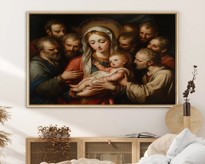 Displayed on a wall is the Religious Canvas Wall Art Print titled "Madonna and Child with Apostles," featuring classic Christian artwork reminiscent of traditional Madonna and Child imagery.