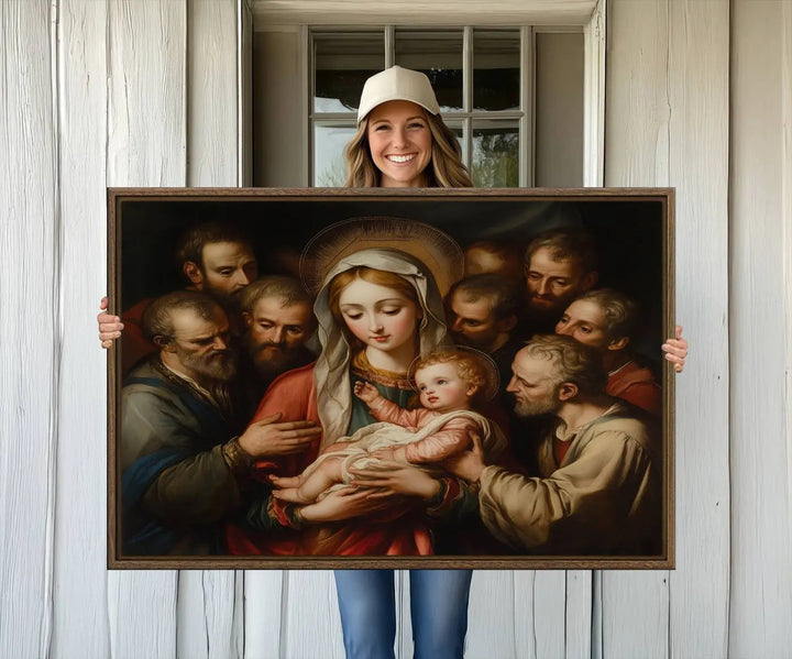 Displayed on a wall is the Religious Canvas Wall Art Print titled "Madonna and Child with Apostles," featuring classic Christian artwork reminiscent of traditional Madonna and Child imagery.