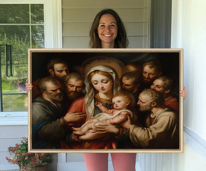 Displayed on a wall is the Religious Canvas Wall Art Print titled "Madonna and Child with Apostles," featuring classic Christian artwork reminiscent of traditional Madonna and Child imagery.