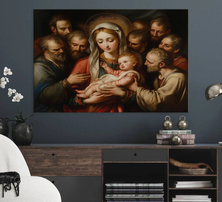 Displayed on a wall is the Religious Canvas Wall Art Print titled "Madonna and Child with Apostles," featuring classic Christian artwork reminiscent of traditional Madonna and Child imagery.