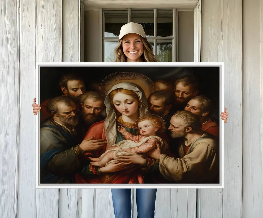 Displayed on a wall is the Religious Canvas Wall Art Print titled "Madonna and Child with Apostles," featuring classic Christian artwork reminiscent of traditional Madonna and Child imagery.