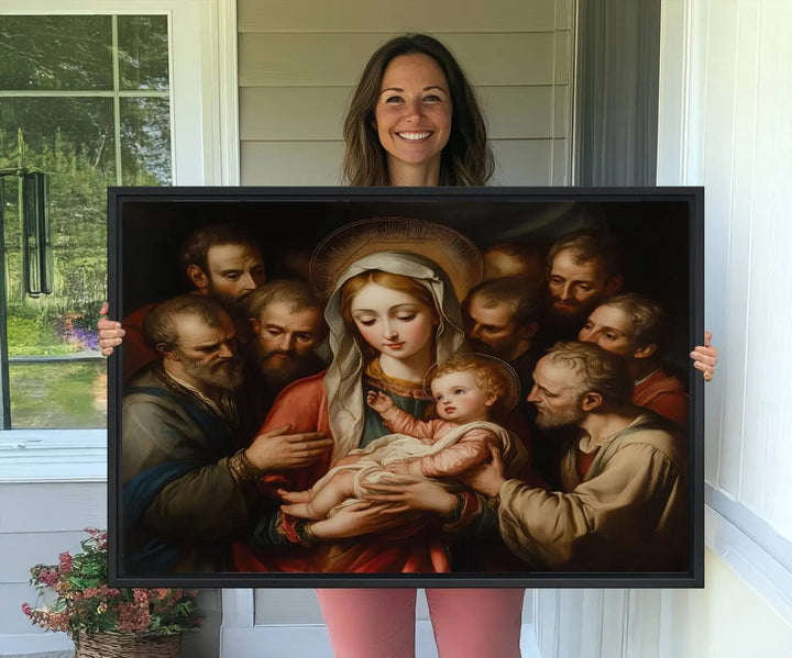 Displayed on a wall is the Religious Canvas Wall Art Print titled "Madonna and Child with Apostles," featuring classic Christian artwork reminiscent of traditional Madonna and Child imagery.