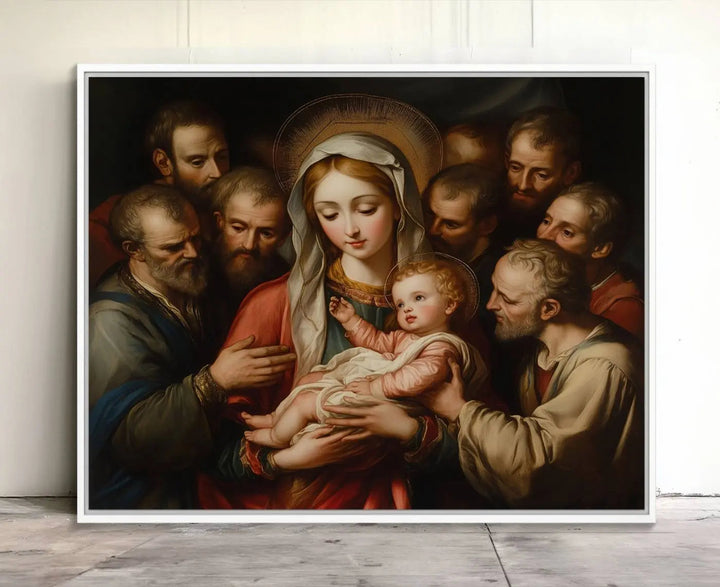 Displayed on a wall is the Religious Canvas Wall Art Print titled "Madonna and Child with Apostles," featuring classic Christian artwork reminiscent of traditional Madonna and Child imagery.