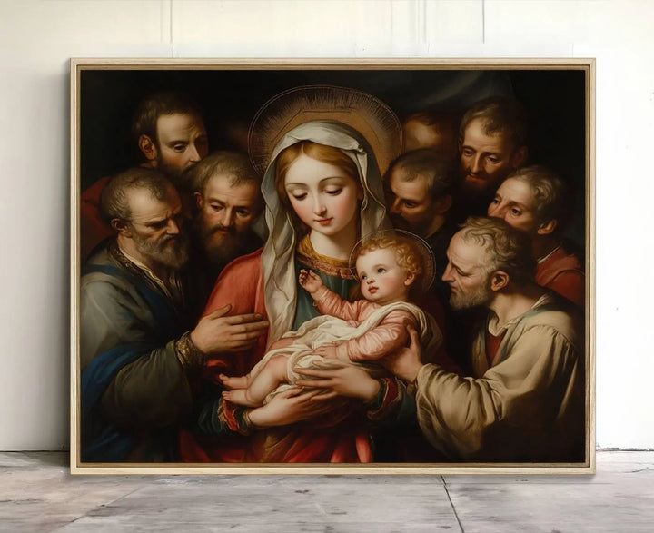 Displayed on a wall is the Religious Canvas Wall Art Print titled "Madonna and Child with Apostles," featuring classic Christian artwork reminiscent of traditional Madonna and Child imagery.