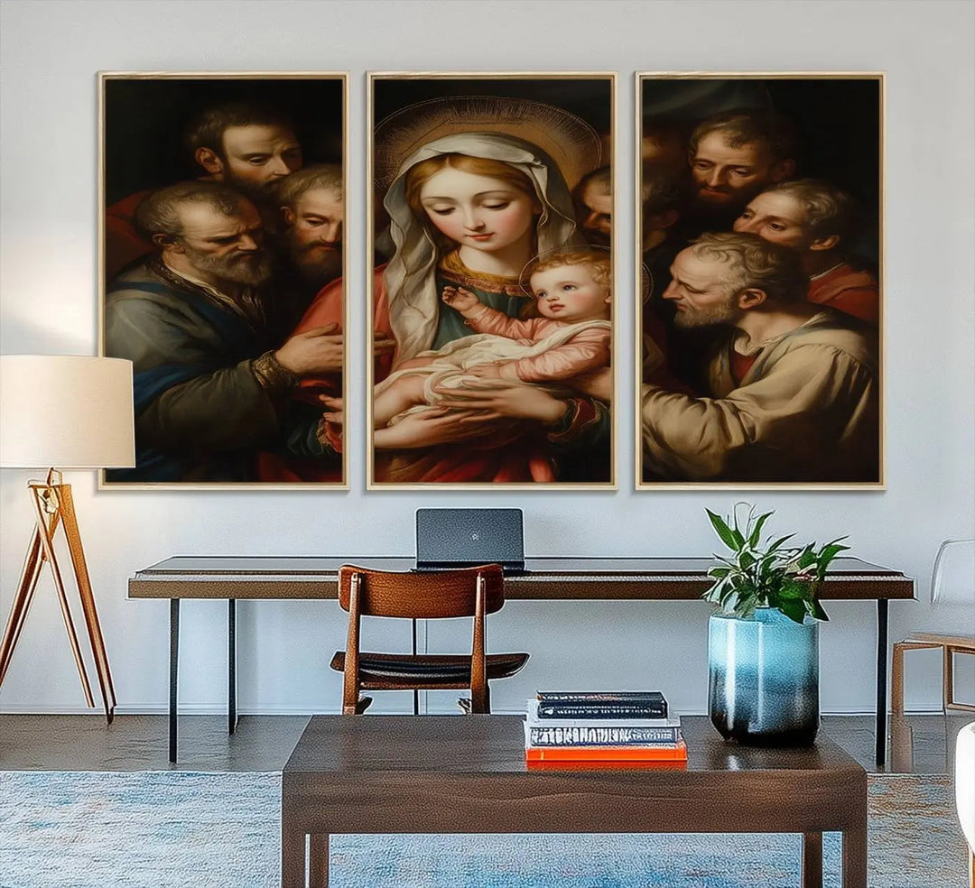 Displayed on a wall is the Religious Canvas Wall Art Print titled "Madonna and Child with Apostles," featuring classic Christian artwork reminiscent of traditional Madonna and Child imagery.