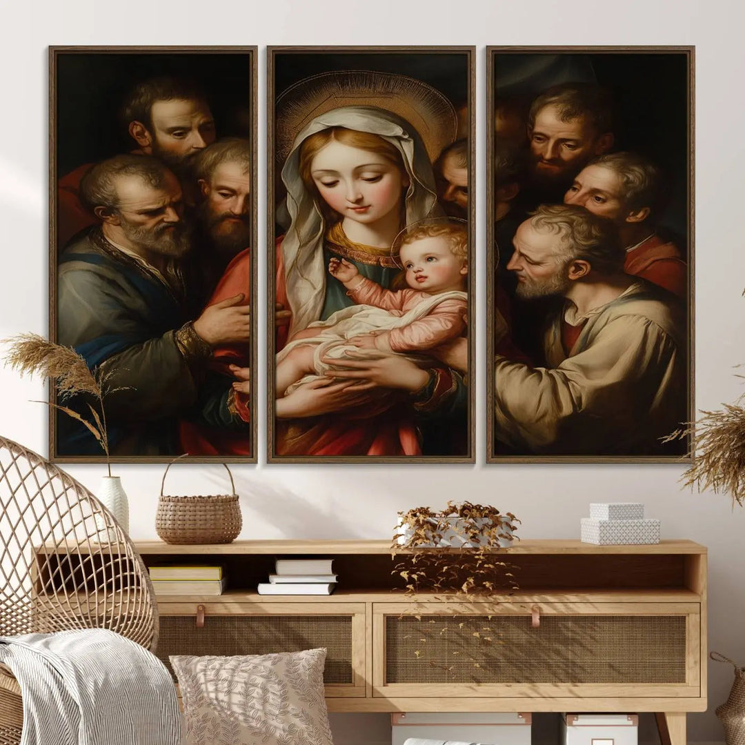 Displayed on a wall is the Religious Canvas Wall Art Print titled "Madonna and Child with Apostles," featuring classic Christian artwork reminiscent of traditional Madonna and Child imagery.