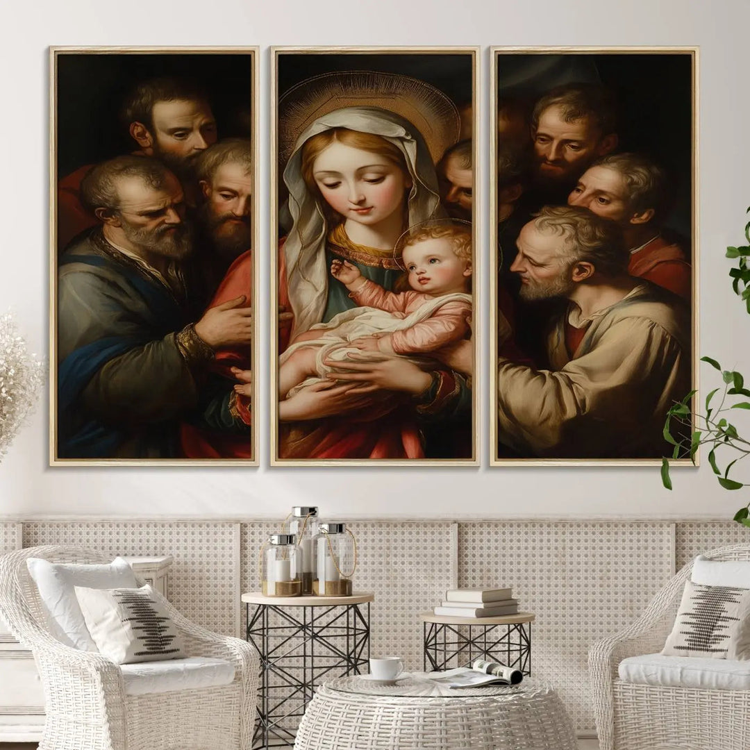 Displayed on a wall is the Religious Canvas Wall Art Print titled "Madonna and Child with Apostles," featuring classic Christian artwork reminiscent of traditional Madonna and Child imagery.